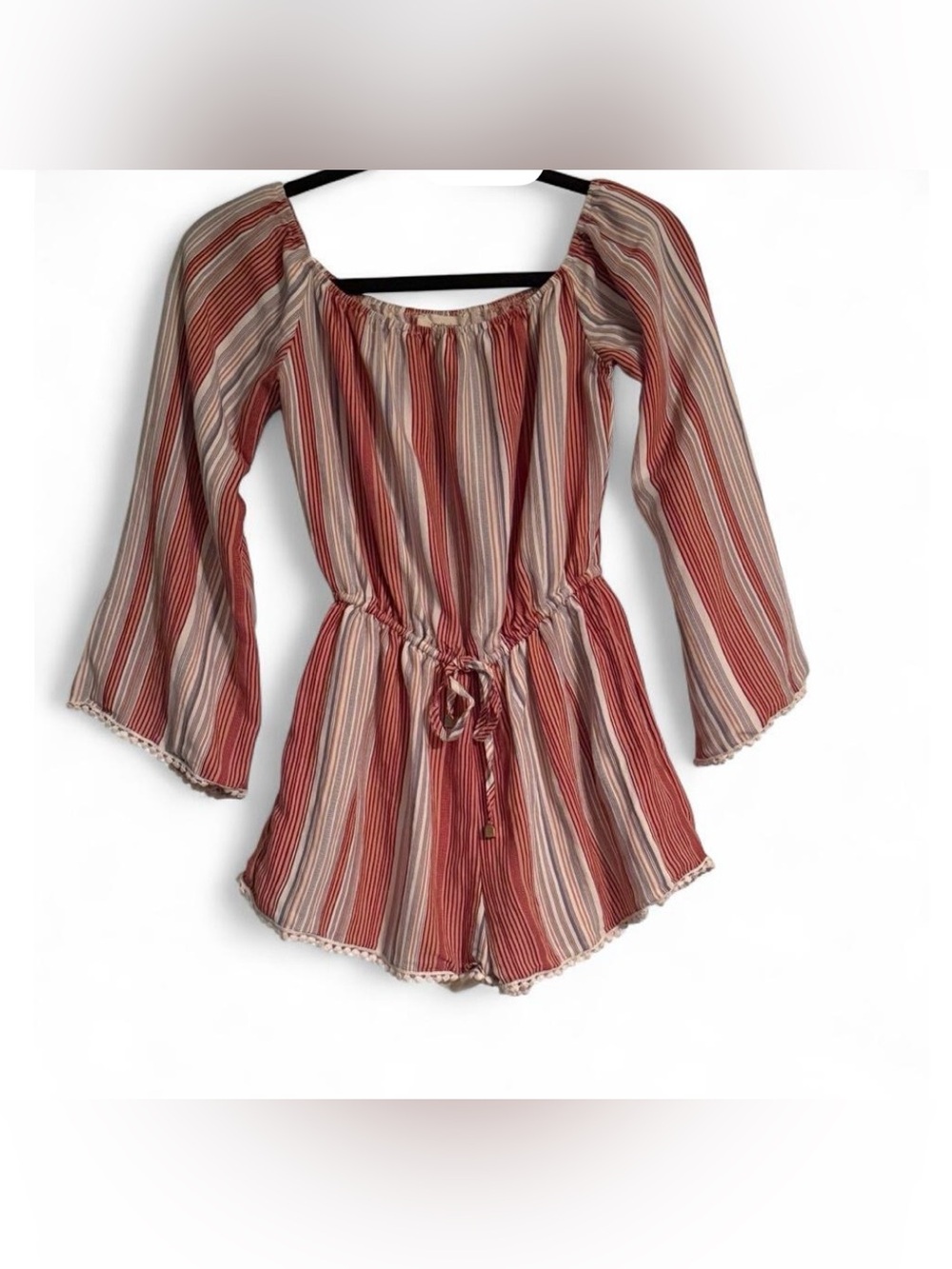 Boho Onetheland Striped Off The Shoulder Bell Sleeve Romper Pom Pom Trim M
